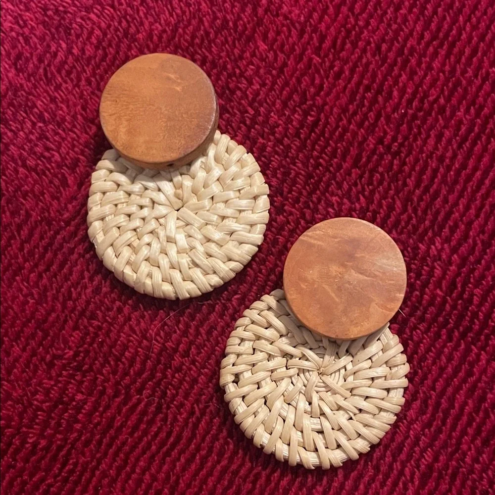 Wood and Woven Rattan Earrings